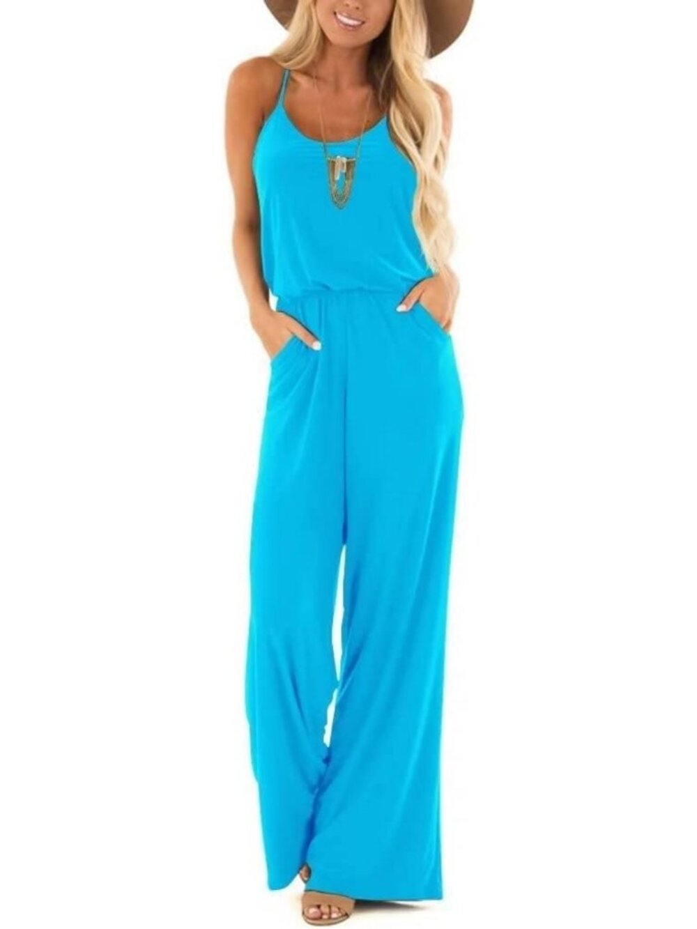 Summer Casual Jumpsuit for Women - Loose Sleeveless Spaghetti Strap Wide Leg